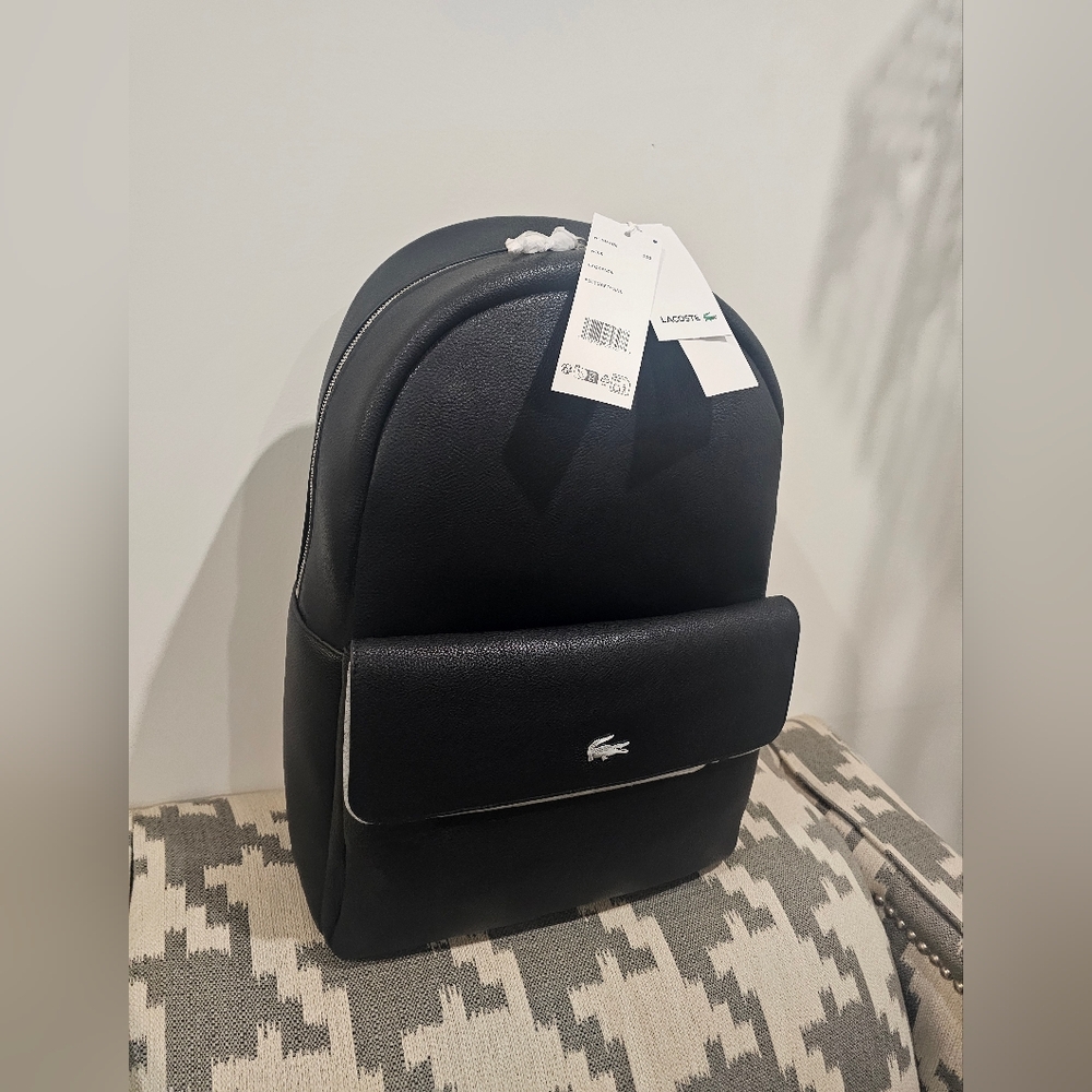 Lacoste Black Pebbled Leather Mini Backpack with Front Flap
